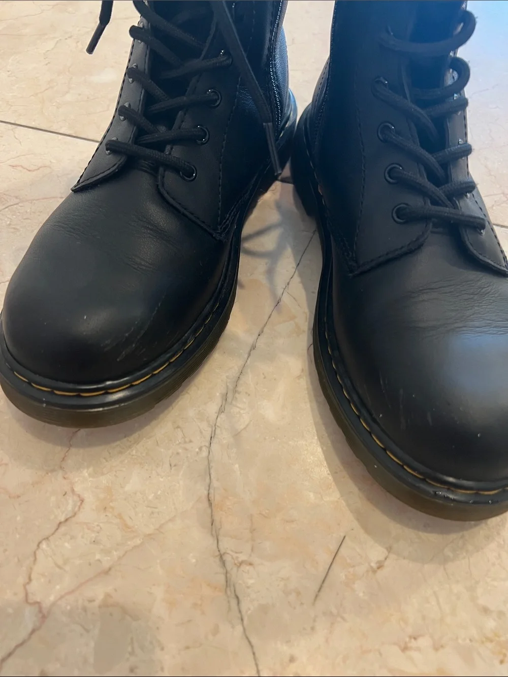 Dr. Martens Kids Black Leather Lace-Up Boots with Yellow Stitching